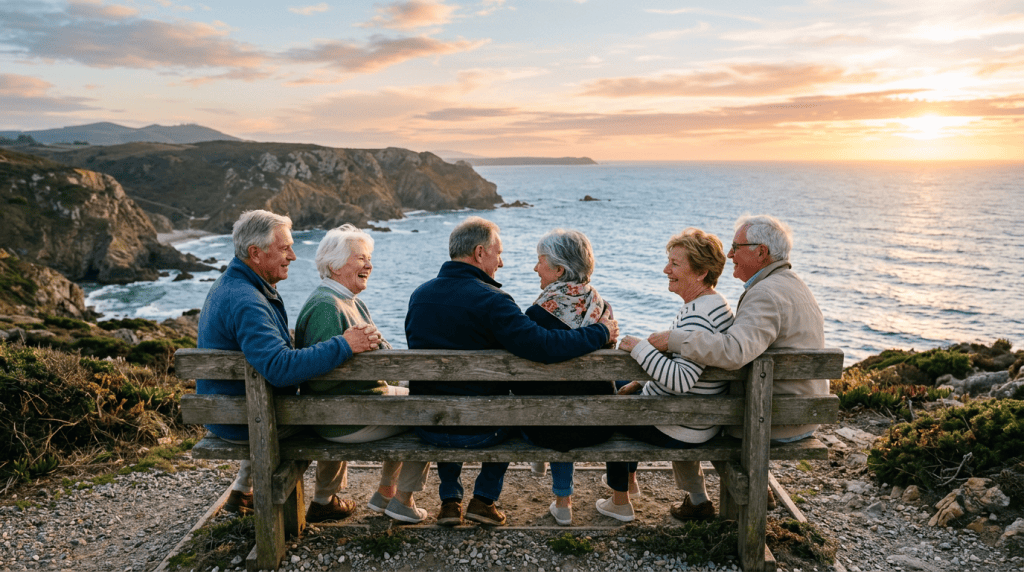 Six older friends sitting together on a bench overlooking the ocean at sunset